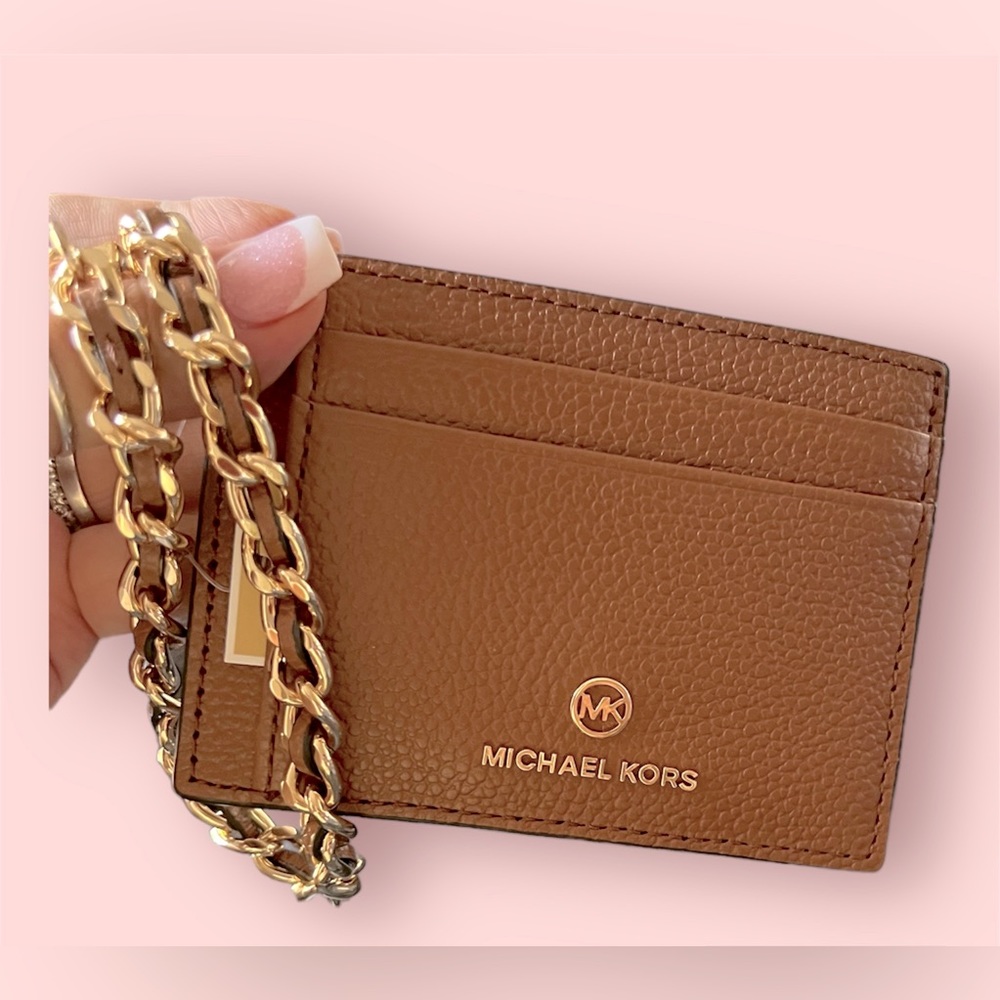 NEW! MICHAEL KORS Jet Set Pebble Leather ID Card Case Wristlet- Color - Luggage